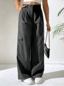 Chiquease Quần ống đứng túi hộp màu trơn đơn sắc thường ngày cho nữ - màu đen - Xem 3