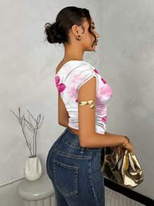 SHEIN BAE Women's Floral Print Asymmetric Ruched Crop Top, Summer - Red and White - View 2