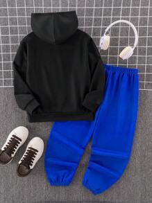 SHEIN Leap Crew 两件套青少年男童涂鸦字母印花卫衣和运动裤套装，秋冬季，黑色，红色 - 寶藍色 - 查看 2