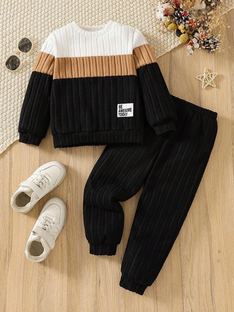 SHEIN 2pcs Young Girls New Style Cartoon Pattern Fleece Crew Neck Sweatshirt And Elastic Waist Pants Set - Multicolor - View 1