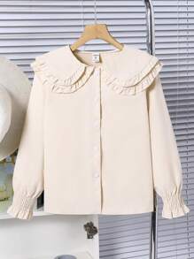 Tween 女童休闲荷叶边领长袖白色衬衫 - 杏色 - 查看 1