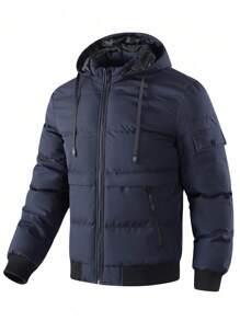 Manfinity Homme Abrigo con capucha acolchado, bolsillo con solapa y cordón ajustable para hombre, estilo holgado