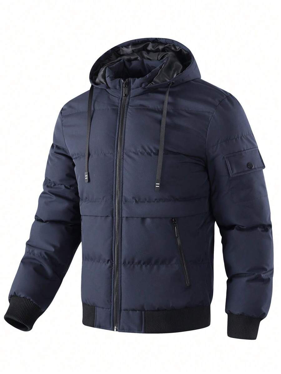 Manfinity Homme Abrigo con capucha acolchado, bolsillo con solapa y cordón ajustable para hombre, estilo holgado