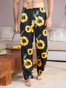 Men Sunflower Printed Lounge Pants - Black - View 7