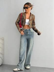 SHEIN Unity Cropped PU Leopard Print Blazer - Multicolor - View 4