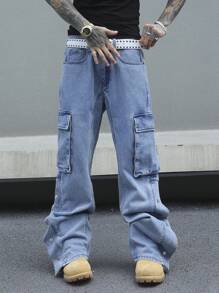 Manfinity EMRG 男式休闲直筒阔腿工装口袋宽松牛仔裤 - 淺色水洗藍 - 查看 1