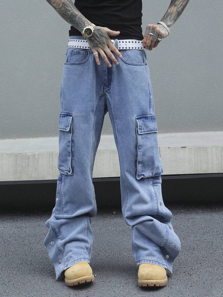 Manfinity EMRG 男式休闲直筒阔腿工装口袋宽松牛仔裤 - 淺色水洗藍 - 查看 1