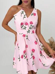 SHEIN Privé 女士夏季休闲优雅度假浪漫婚礼花卉印花不对称 A 字迷你连衣裙 - 粉色 - 查看 3