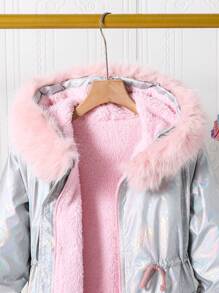 SHEIN 女童撞色毛领保暖夹克 - 銀色 - 查看 4