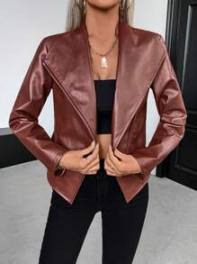 SHEIN Clasi 女士休闲商务翻领拉链长袖常规版型 PU 皮夹克 - 棕色 - 查看 5