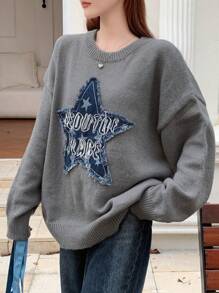 DAZY Maglione oversize in denim con patchwork e decorazione a stelle, stile Y2K, adatto per l'autunno