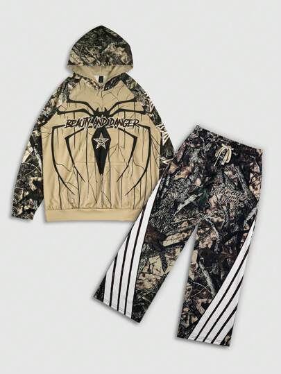 Street Life Men's Long Sleeve Spider Print Hooded Sweatshirt And Drawstring Pants Casual Set, Halloween