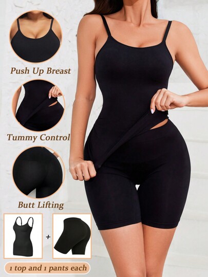 Solid Color Camisole And Shorts Seamless Shaping Underwear Set