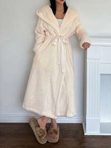 DAZY Minimalist Hooded Flannel Thick Belted Bathrobe Fluffy, Thermal Lined Fall, Winter, Cozy - Beige - View 8