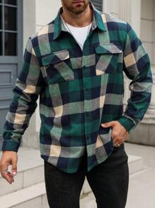 Manfinity Homme Men Fall Green Plaid Long Sleeve Contrast Color Shirt, Autumn & Winter - Multicolor - View 3