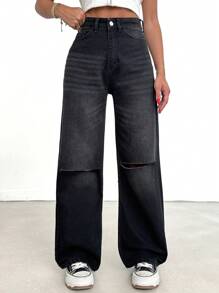 RueChic 100% Cotton HIGH RISE RIPPED WIDELEG BLACK JEAN - Black - View 4