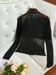 Modelyn Women's Stand Collar Long Sleeve Mesh Design Figure-Flattering Fashionable Blouse