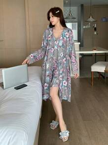 DAZY 花卉印花蕾丝拼布吊带睡袍和睡袍两件套睡衣套装 - 卡其色 - 查看 6