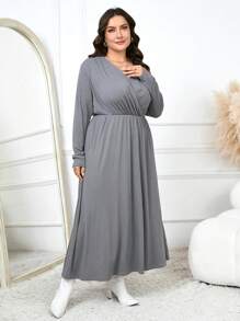 Mulvari Đầm dài tay cổ chữ V cỡ lớn thời trang thanh lịch duyên dáng quyến rũ đa năng - Xám - Xem 4