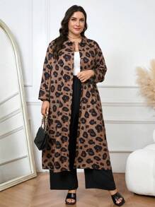Mulvari 2pcs Plus Size Front Button Leopard Print Long Sleeve Top And Pants Casual Set - Coffee Brown - View 4