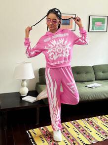 SHEIN 2 件套青少年女孩春秋季字母印花落肩连帽衫运动衫和休闲裤套装 - 粉色 - 查看 6