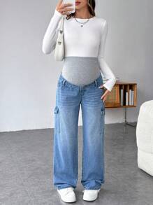 SHEIN 孕妇休闲宽松直筒工装牛仔裤 - 彩色 - 查看 5