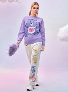 SHEIN X Care Bears Women's Cute Cartoon Bear Pattern Drop Shoulder Loose Sweater,Good Luck Bear For Winter And Fall - Purple - View 3