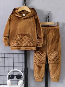 2 件套年轻男孩纯色长袖连帽衫，带口袋和裤子，休闲装 - 棕色 - 查看 1