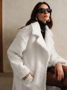 Anewsta Fluffy Jacket, Loose Fit, Mid-Length, Thickened, For Women - White - View 3