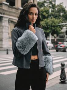 Anewsta Autumn Fashionable Patchwork Cropped Knitted Jacket - Grey - View 6