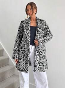 SHEIN Essnce 冬季女大衣女装披肩领豹纹仿皮草休闲外套山猫皮草大衣猫女皮草大衣秋冬老款款式适合外出休闲出门时尚百搭高级 - 彩色 - 查看 5