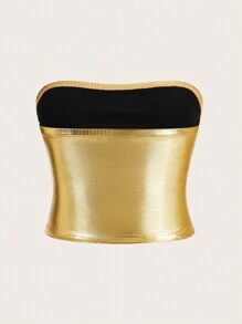 SHEIN Essnce Damen Party Top in Große Größen, Goldenes Top, Sexy Damen Tops, Goldenes Top Damen Korsett Tops, Kurven Tops für Konzerte - Gold - Übersicht 2