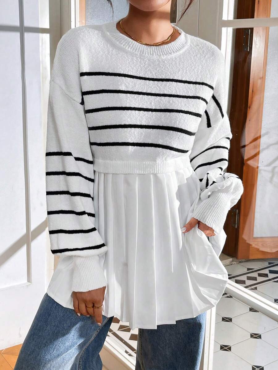 SHEIN Essnce 女士条纹针织毛衣秋冬时尚长袖圆领套头衫宽松运动装，女士秋季针织衫，女士毛衣，白色毛衣，秋季毛衣 - 白色 - 查看 1