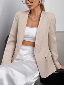 Aveloria Modichic Chaqueta tipo blazer de estilo francés para dama, sin cuello, de diseño elegante para la oficina, con cinturón tejido en la cintura