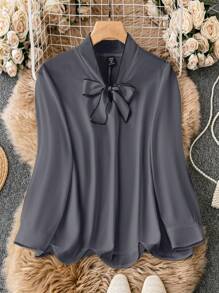 Plus Size Contrast Color Binding Front Tie Long Sleeve Casual Top - Grey - View 1
