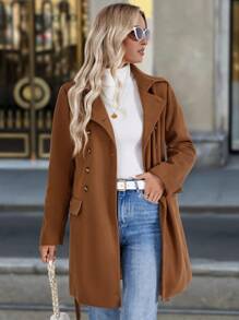 SHEIN Clasi Áo khoác công sở thường ngày có cổ đứng cài hai hàng khuy cho nữ - màu nâu - Xem 4