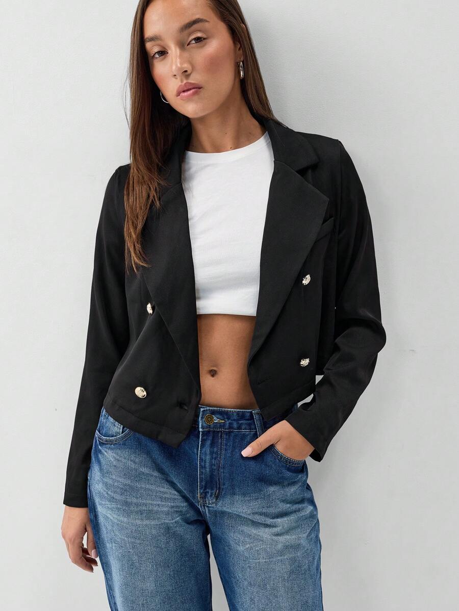 TRNVIE Women's Solid-Color Long Sleeve Double-Breasted Blazer Jacket - Slimming Silhouette Fall Cloth For Women - Black - View 1