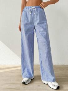 SHEIN EZwear 系带条纹休闲裤 - 藍白色 - 查看 6