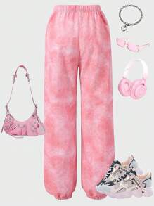 SHEIN Explorewe Fashion Pink Letter Embroidered Flared Pants For Tween Girls - Pink - View 2