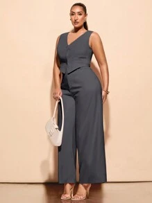 SHEIN BAE Conjunto de chaleco y pantalones de traje de una hilera de talla grande para mujer, con traje rosa y chaleco, conjunto de dos piezas, atuendos para maestras, ropa de negocios para mujeres - Gris Oscuro - Ver 3