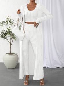 SHEIN Essnce طقم محبوك للنساء 3 قطع: صدرية رقبة دائرية، كارديجان، وبنطلون ضيق خصر عالي - أبيض - مشاهدة 3