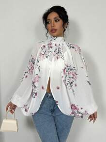 Chiquease 女士優雅花卉印花立領開叉擺燈籠袖春夏襯衫 - 白色 - 查看 5