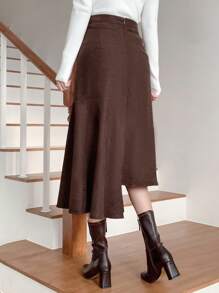 DAZY 女士麂皮中长美人鱼裙，不对称裙摆，荷叶边 - 咖啡棕 - 查看 7