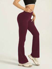 修身高腰喇叭裤 - 弹力面料，喇叭裤，适合瑜伽和健身，透气女士健身服 - 酒紅色 - 查看 3