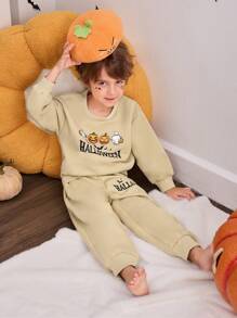 SHEIN Bộ 2 áo chui đầu in họa tiết bí ngô và ma cho bé trai và quần thể thao, Halloween 2024 - Màu be - Xem 4