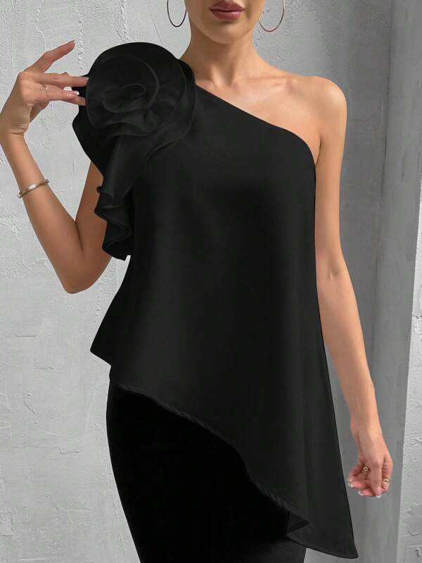 Firerie 女式不对称领口宽松花卉上衣，下摆不对称