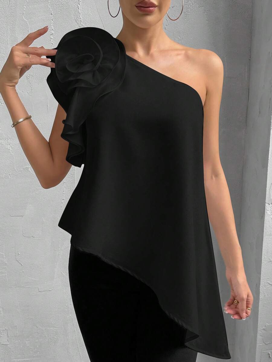 Firerie 女式不对称领口宽松花卉上衣，下摆不对称 - 黑色 - 查看 1