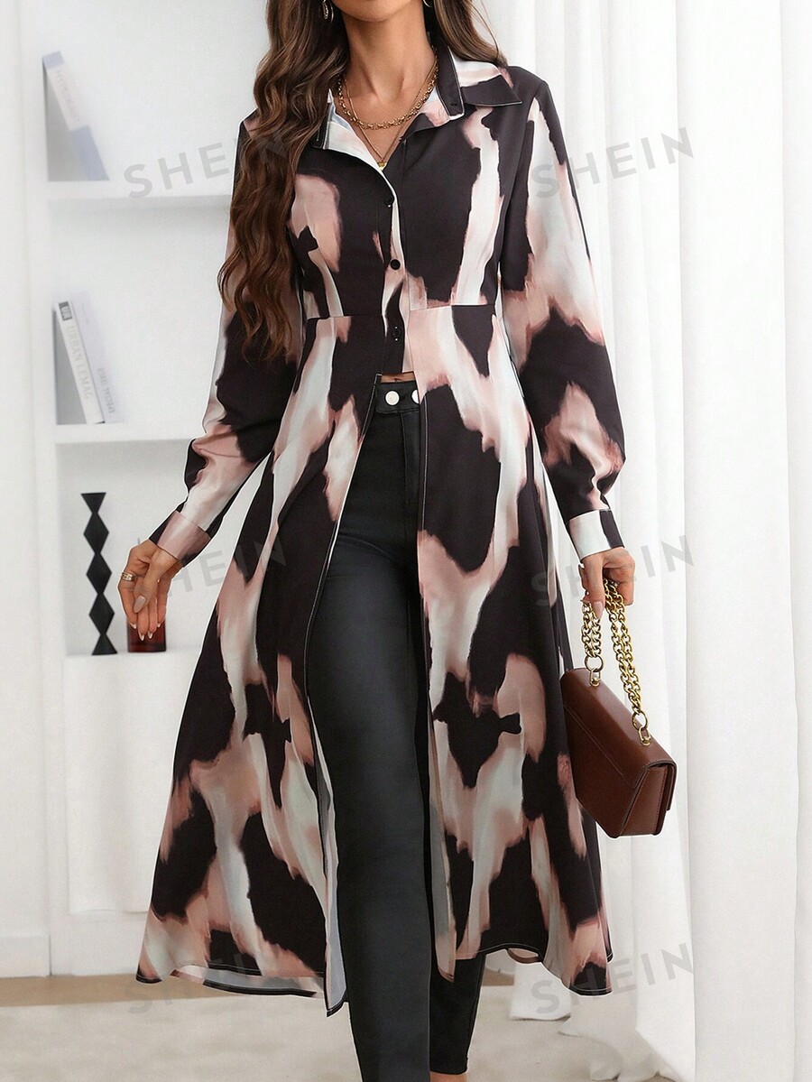 SHEIN Privé Random Leopard Print Front Short Back Long Hem ButtonDown
