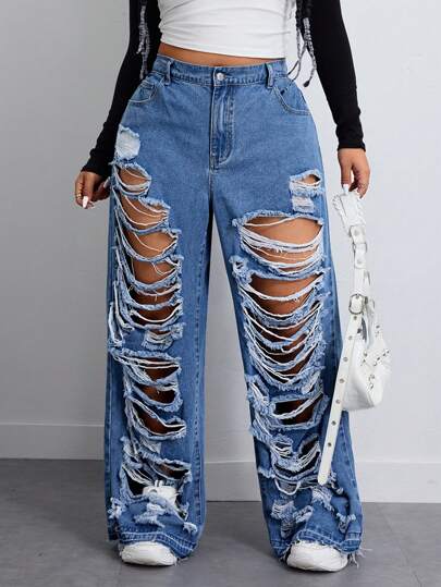 SHEIN ICON Plus Size Women's Loose Fit Pockets Washed Distressed Wide Leg Boyfriend Jeans