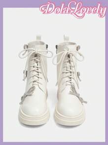 Dola Lovely Stivali alla caviglia donna eleganti e casual con punta tonda, beige, allacciati, con cerniera, decorati con strass e fiocco, in stile britannico classico con platform - Albicocca - Visualizzare 9